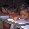 Los pequeños yanomami aprenden en la escuela a leer y a escribir.
